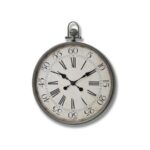 Pocket watch wall clock with aged white face and black metal frame. Shop now at www.louisandhenry.co.uk.