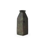 VEDEGRIS Oxidized Green Metal Vase with a weathered patina finish in a vintage milk bottle shape.