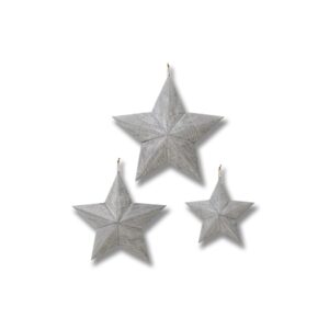 Set of three grey wooden stars in washed grey finish, handcrafted wall art with stylish rustic design.