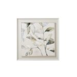 Dolce Dapple Leaf Framed Painting On Canvas showcasing stylized leaves in soft whites, beiges, light greys, and subtle greens, framed in a clean white frame.