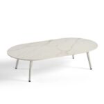 VIOLET Outdoor Coffee Table with white aluminum frame and stone top, perfect for elegant patio and garden setups.