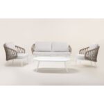 VIOLET Outdoor Coffee Table with white aluminum frame and stone top, perfect for elegant patio and garden setups.