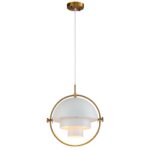 Gold and white hemisphere ceiling light with multi-level glass screen, attached to the ceiling with a chrome tube.