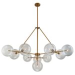 Modern pendant ceiling light with aged gold metal frame and crystal glass globes, ideal for dining rooms and entryways.