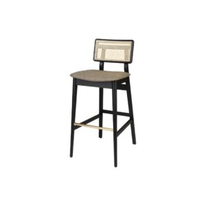 STEVEN Barstool with Paco Gris Taupe upholstery, black beechwood frame, and brass footrest. Contemporary elegance with woven-inspired accents.