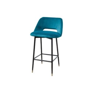 ANDREW Blue Velvet Barstool with sleek steel frame and brass-tipped legs, ideal for bars and kitchen counters.