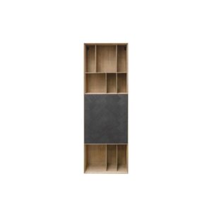 BIBLI Hanging Bookcase with oak veneer, bold black panel, and versatile storage compartments for books and decor.