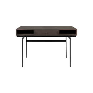 Modern CAPETOWN Desk featuring Roasted Coffee oak veneer, black powder-coated legs, and a geometric drawer front.