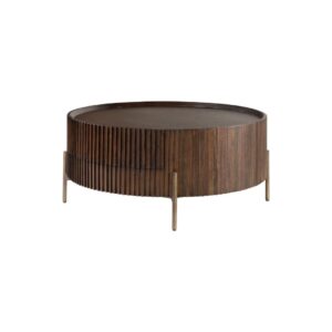 Round Pogoro Coffee Table with ribbed Roasted Coffee Mindi wood and Dark Brass steel legs, perfect for modern and elegant interiors.