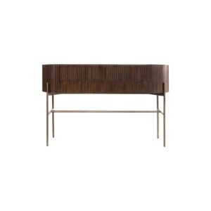 Pogoro Console Table with ribbed Roasted Coffee Mindi wood and Dark Brass steel legs, perfect for stylish entryways and living rooms.