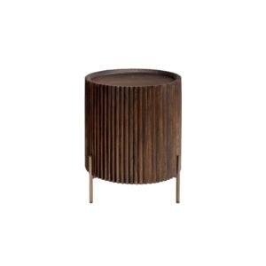 Round Pogoro Cabinet in Roasted Coffee Mindi wood with a Dark Brass steel frame, combining rustic charm with modern sophistication.