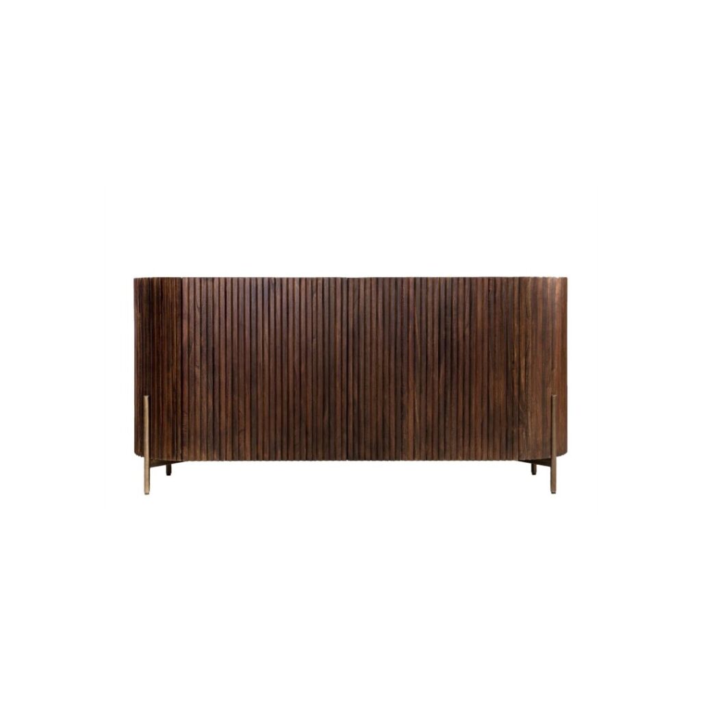 Pogoro Sideboard with ribbed Mindi wood in Roasted Coffee finish and Dark Brass steel frame, offering modern storage solutions.