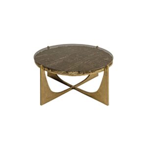 ODE Coffee Table with a bronze-finished aluminum base and circular glass top, featuring intricate textures for a luxurious statement.