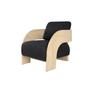 MARAVI Natural Armchair with Off-Black Upholstery, featuring a natural Mindi wood frame and comfortable curved arms for modern interiors.