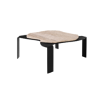 Moon Travertine Coffee Table with honed matte travertine top and bold black powder-coated legs.