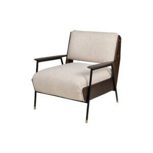 OYO Mindi Wood Armchair with roasted coffee finish, black steel frame, and Sesam fabric upholstery for modern and mid-century charm.