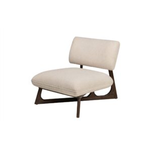 LONDA Chair with roasted coffee mindi wood frame, Sesam fabric upholstery, and a low-profile modern minimalist design.