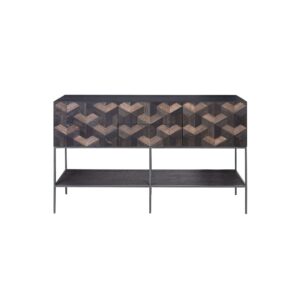 ILLUSION Medium Sideboard with geometric oak parquet design, steel frame, and natural dark finish for stylish and spacious storage.