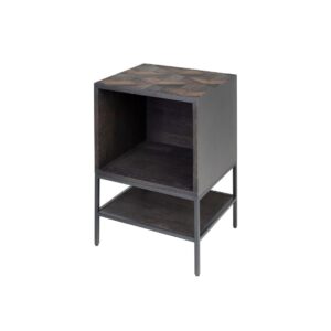 ILLUSION Bedside Table with steel frame, oak parquet top, natural dark finish, and open storage design for modern bedrooms.