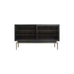 VÉNTA Mindi Wood Sideboard with black finish, dark brass metal frame, and sliding slatted doors for modern storage