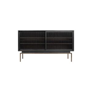 VÉNTA Mindi Wood Sideboard with black finish, dark brass metal frame, and sliding slatted doors for modern storage