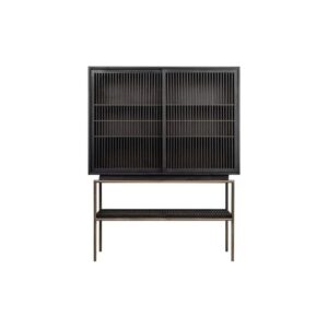 TALLEM Mindi Wood Cabinet with black finish, dark brass metal accents, and vertical slatted doors for modern storage