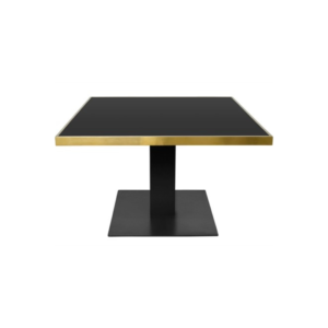 GERMAIN Dining Table with brushed gold stainless steel frame and black iron base.