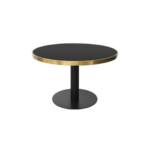 PIGALLE Dining Table with brushed gold frame, black glass top, and black iron pedestal base.