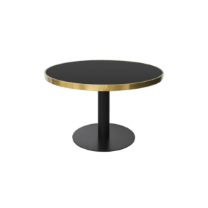 PIGALLE Dining Table with brushed gold frame, black glass top, and black iron pedestal base.