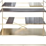 Architect console table, brushed gold console, luxury sideboard, multi-tiered sideboard, modern console table, marble and oak sideboard, brushed gold furniture, high-end console table, compact sideboard, stainless steel console.