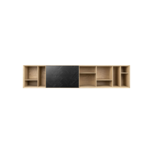 BIBLI TV Bookcase with oak veneer finish, asymmetrical shelving, and bold black accent panel for modern living spaces.