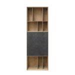 BIBLI Hanging Bookcase with oak veneer, bold black panel, and versatile storage compartments for books and decor.