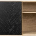 BIBLI TV Bookcase with oak veneer finish, asymmetrical shelving, and bold black accent panel for modern living spaces.