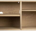 BIBLI TV Bookcase with oak veneer finish, asymmetrical shelving, and bold black accent panel for modern living spaces.