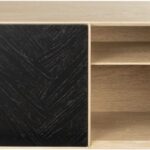 BIBLI TV Bookcase with oak veneer finish, asymmetrical shelving, and bold black accent panel for modern living spaces.