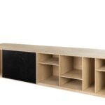 BIBLI TV Bookcase with oak veneer finish, asymmetrical shelving, and bold black accent panel for modern living spaces.