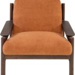 CASCA Mindi Wood Armchair with roasted coffee finish and burnt terra bouclé upholstery.