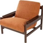 CASCA Mindi Wood Armchair with roasted coffee finish and burnt terra bouclé upholstery.