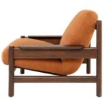 CASCA Mindi Wood Armchair with roasted coffee finish and burnt terra bouclé upholstery.