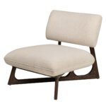 LONDA Chair with roasted coffee mindi wood frame, Sesam fabric upholstery, and a low-profile modern minimalist design.