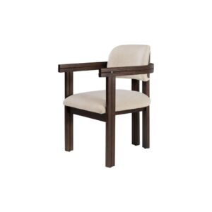 MAKO Dining Chair with geometric Mindi wood frame, upholstered in Sesam fabric, and finished in a Roasted Coffee stain.