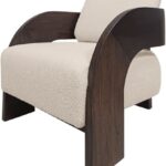 MARAVI Brown Armchair with roasted coffee mindi wood frame and sesame fabric upholstery