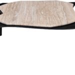 Moon Travertine Coffee Table with honed matte travertine top and bold black powder-coated legs.