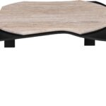 Moon Travertine Coffee Table with honed matte travertine top and bold black powder-coated legs.