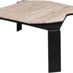 Moon Travertine Coffee Table with honed matte travertine top and bold black powder-coated legs.