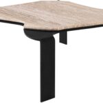 Moon Travertine Coffee Table with honed matte travertine top and bold black powder-coated legs.