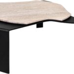 Moon Travertine Coffee Table with honed matte travertine top and bold black powder-coated legs.