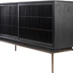 VÉNTA Mindi Wood Sideboard with black finish, dark brass metal frame, and sliding slatted doors for modern storage