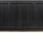 VÉNTA Mindi Wood Sideboard with black finish, dark brass metal frame, and sliding slatted doors for modern storage