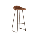 HAWK Barstool with brown leather fluted seat, slim black iron legs, and integrated footrest, offering modern industrial style and comfort.